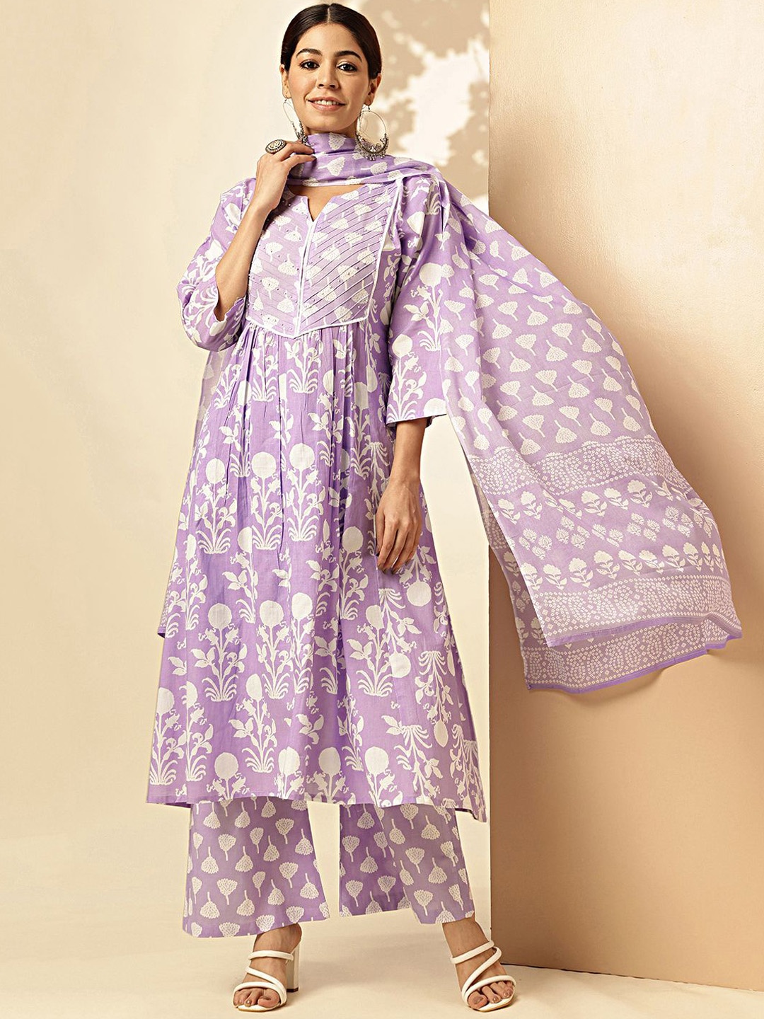 

KALINI Floral Printed Pure Cotton Straight Kurta With Palazzo & Dupatta, Purple