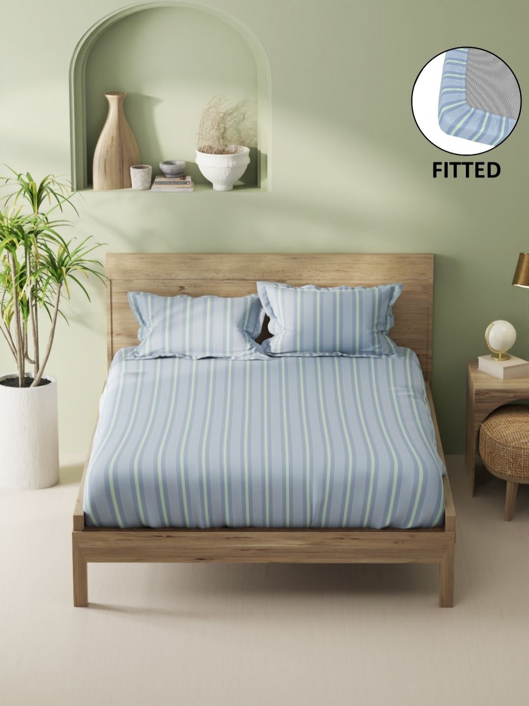 

BIANCA Aurellia Blue Striped Printed Cotton 144 TC King Fitted Bedsheet Set 1.98 x 1.83m