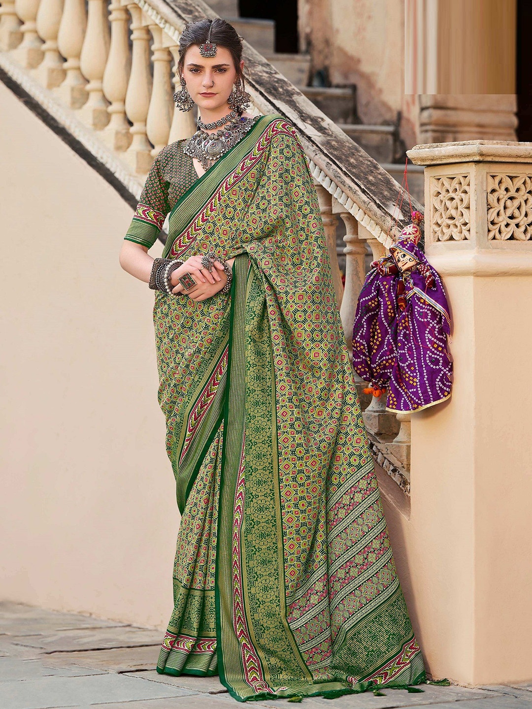 

MAHALASA Ethnic Motifs Designer Patola Saree, Green