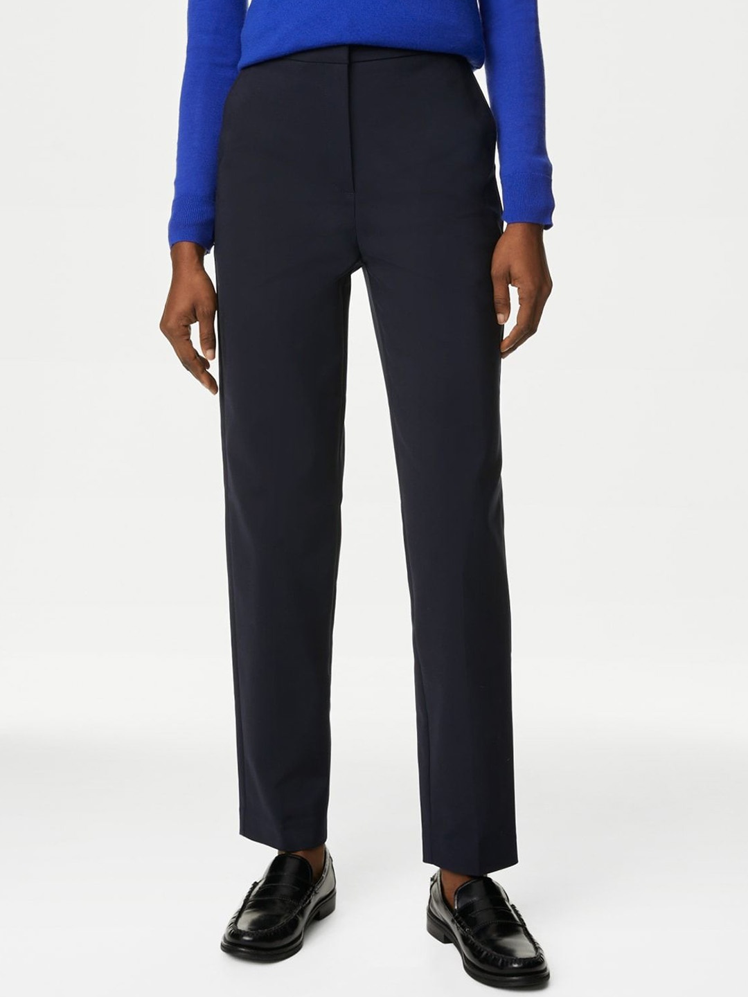 

Marks & Spencer Women Slim Fit High-Rise Trousers, Navy blue