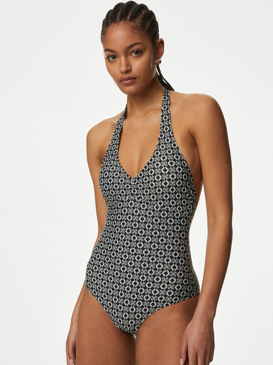 

Marks & Spencer Women Printed Halterneck Swimsuit, Black