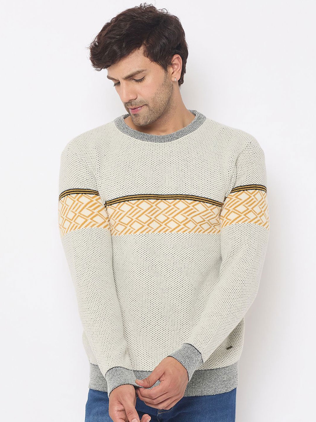 

Duke Men Printed Round Neck Long Sleeves Pullover Sweaters, Off white