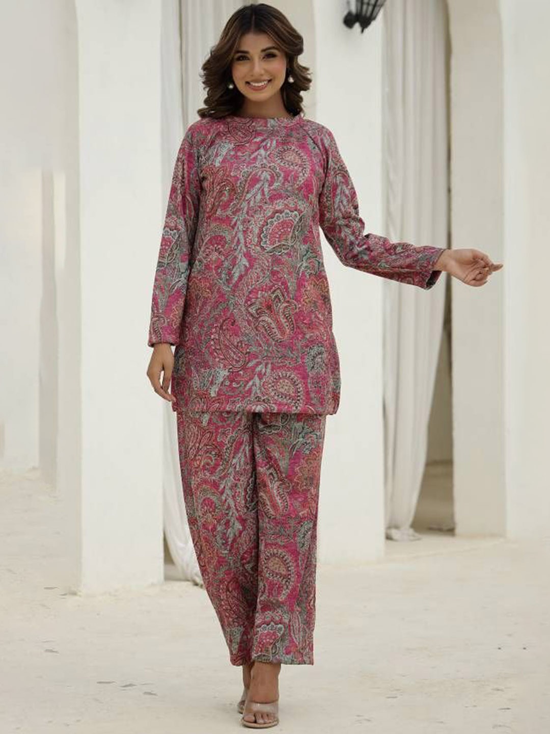 

FLAVIA CREATION Floral Printed Woolen Top With Trousers, Pink