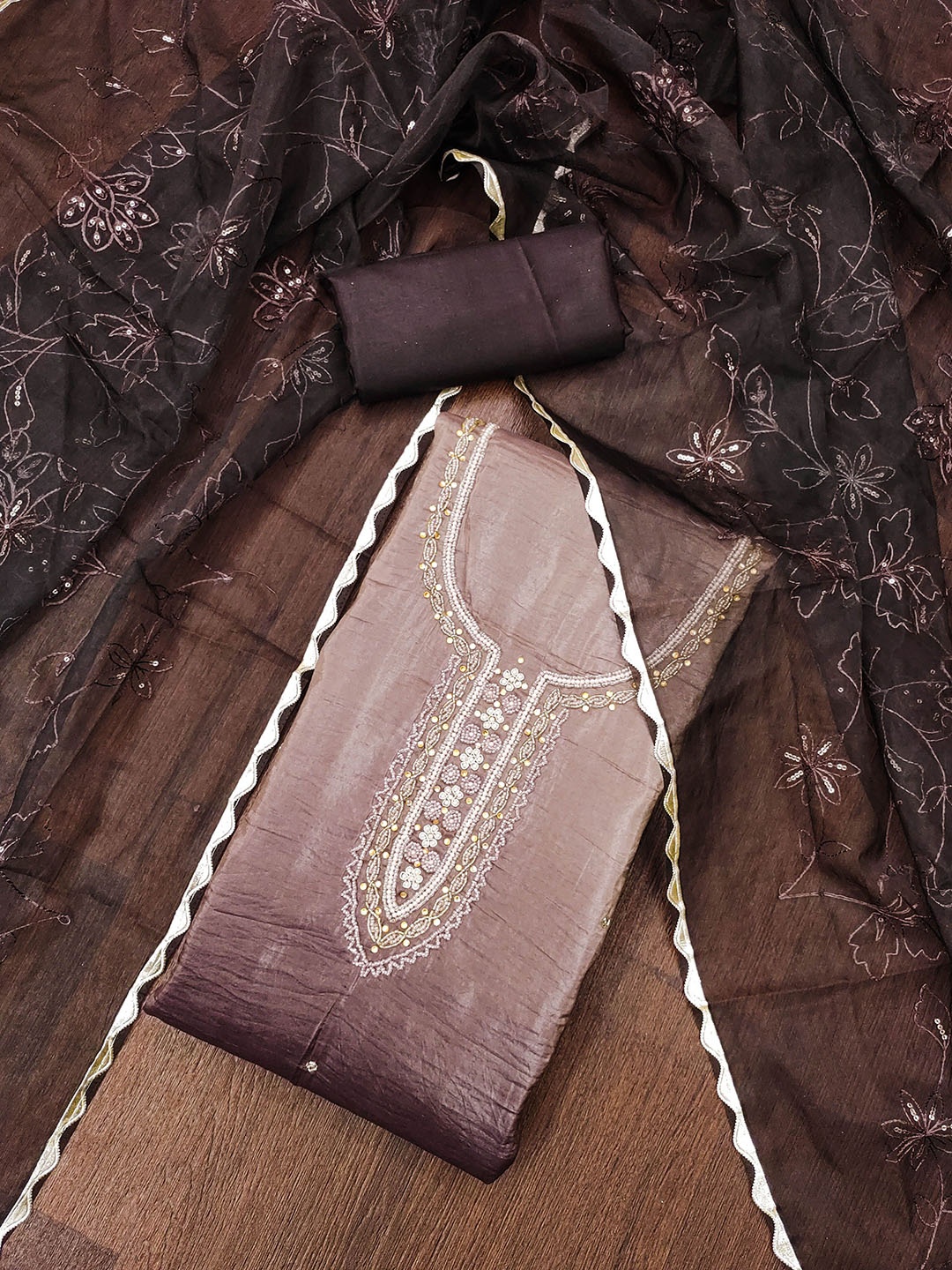 

MANVAA Floral Embellished Beads and Stones Unstitched Dress Material, Brown