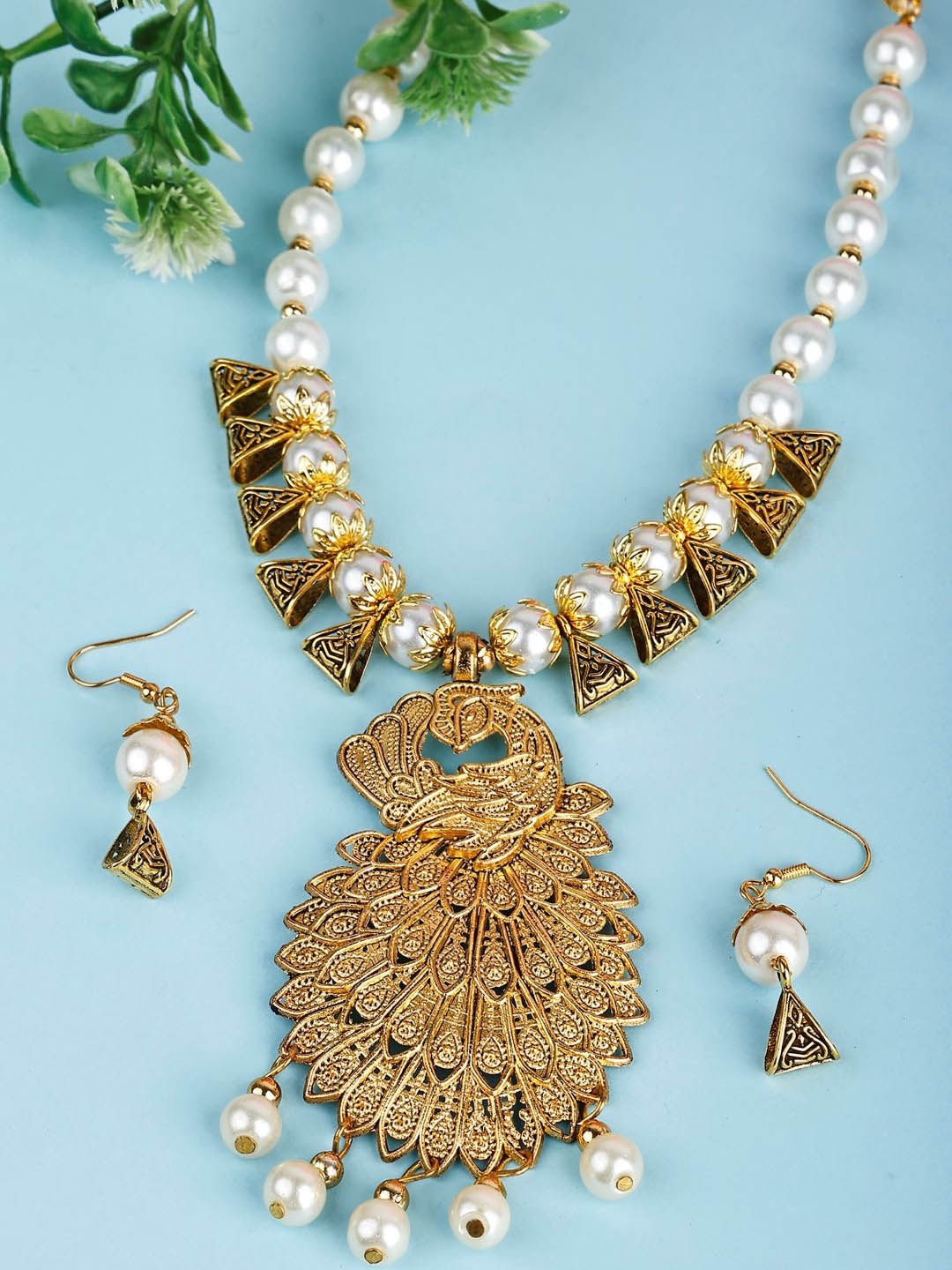 

SUNHARI Beaded Peacock Shaped Jewellery Set, Gold