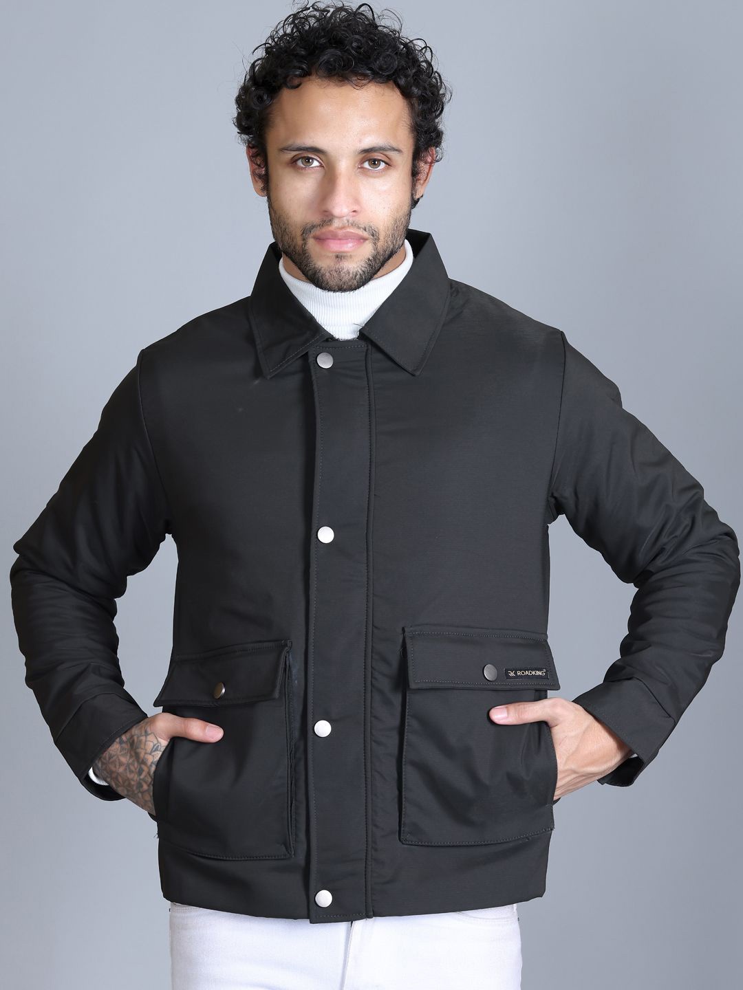 

Roadking Men Mock Collar Solid Casual Padded Jacket, Black