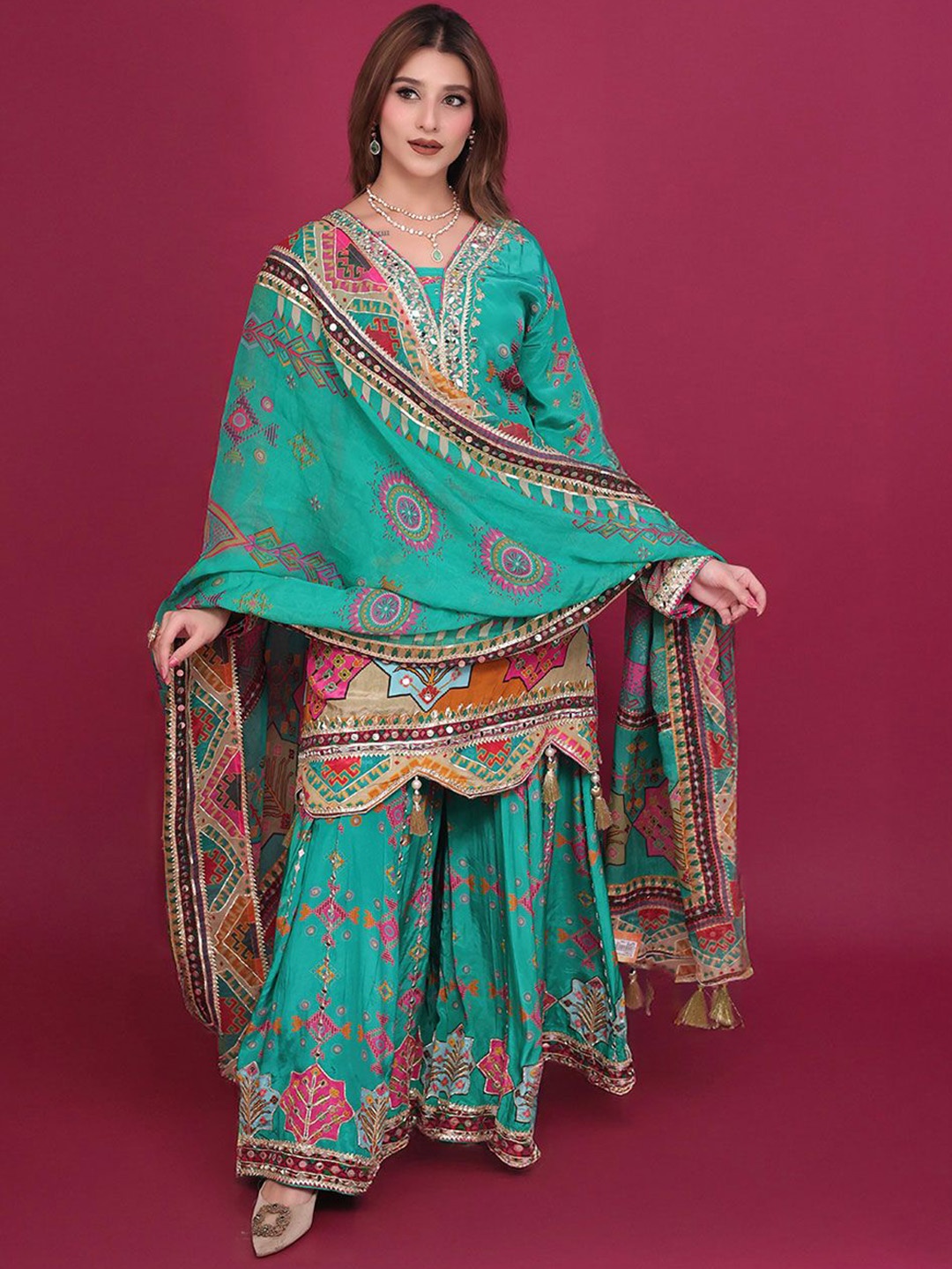 

ROOPKALA Geometric Printed V-Neck Long Sleeves Kurta With Sharara With Dupatta, Green