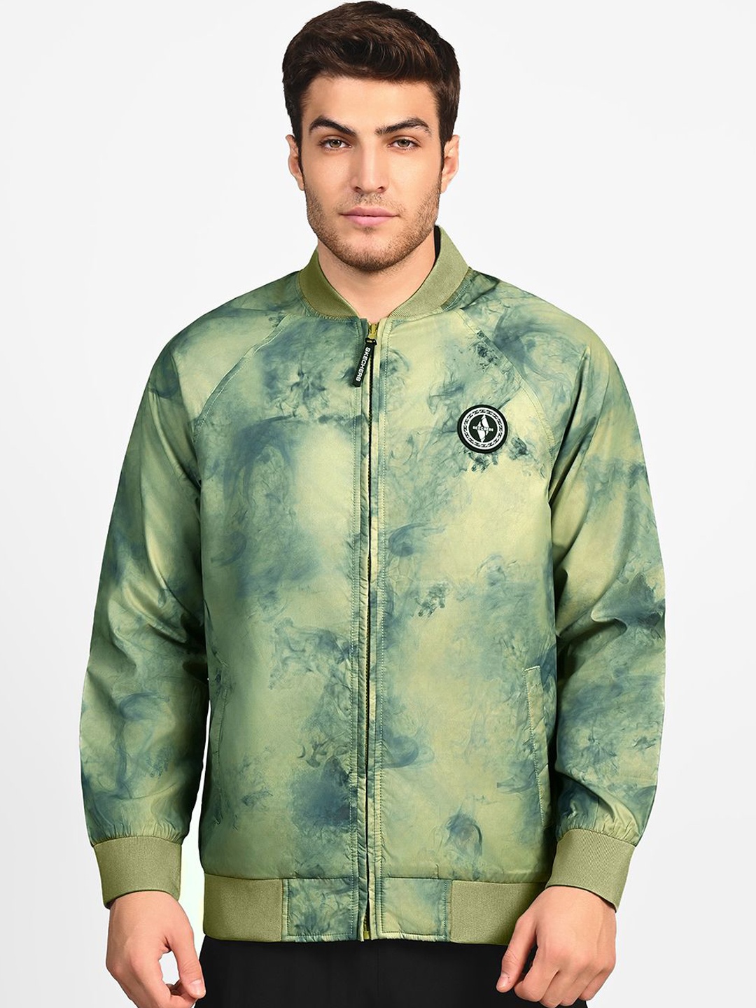 

Skechers Men Stand Collar Abstract Printed Casual Bomber Jacket, Green