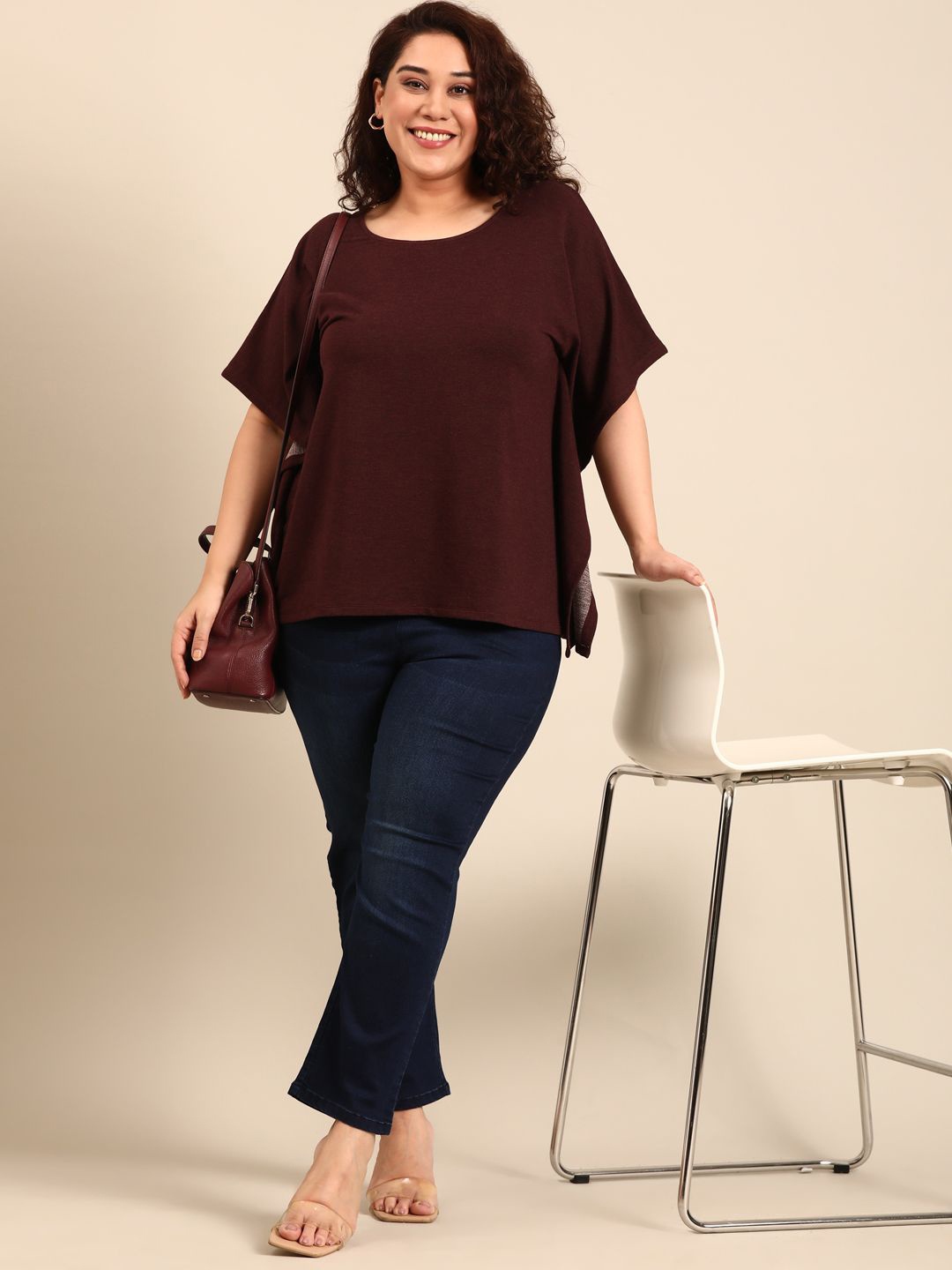 

The Pink Moon Women Round Neck Kimono Sleeve Kaftan Top, Brown