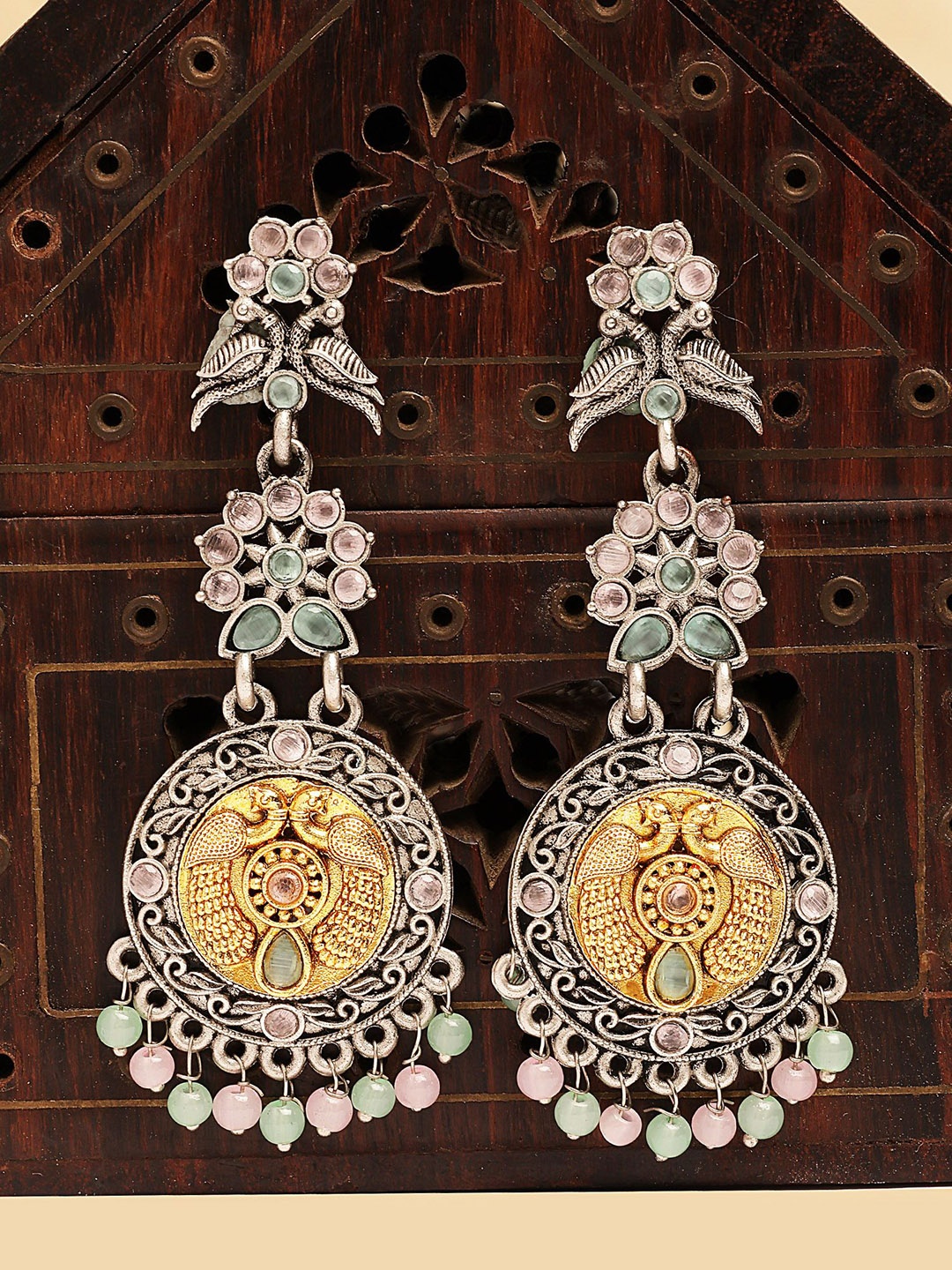 

KARATCART Silver-Plated Stone Studded Peacock Tribal Drop Earrings