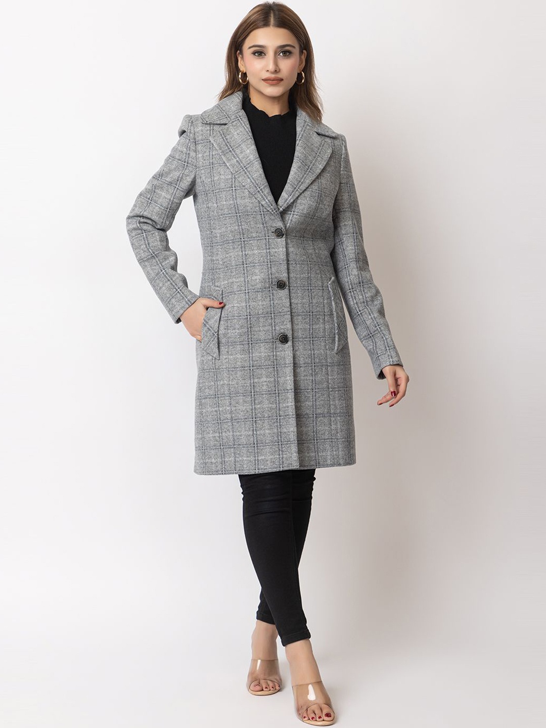 

ELEVEIGHT Checked Single-Breasted Overcoat, Grey melange