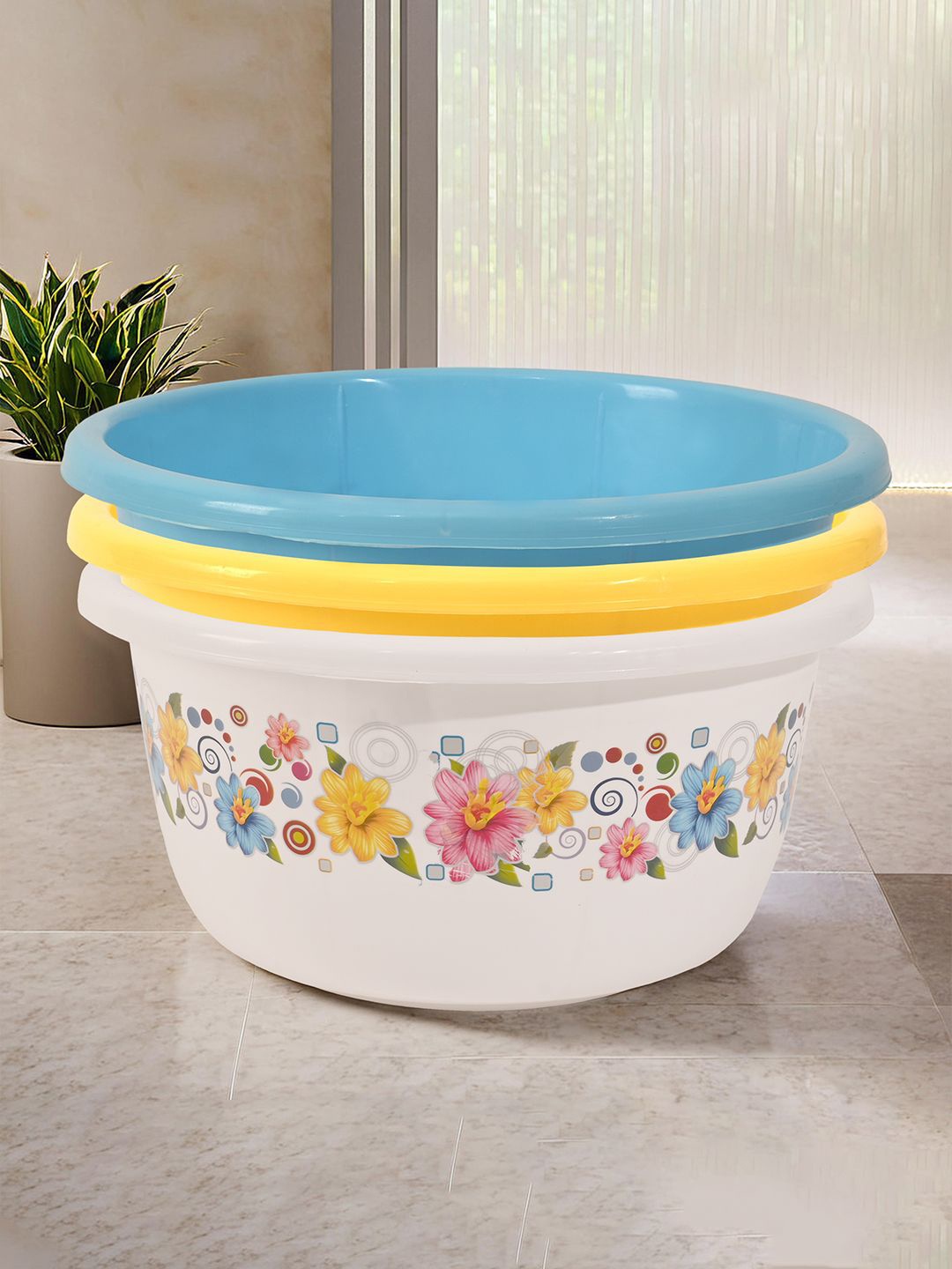 

Kuber Industries White & Yellow 3 Pieces Floral Printed Bath Tubs 40 L Each