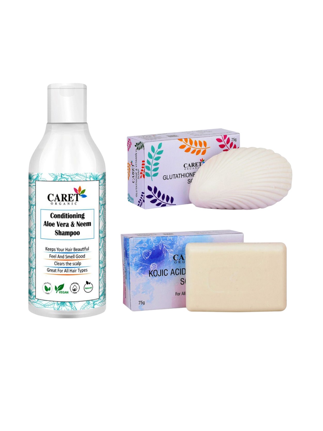 

CARET ORGANIC 3Pcs Aloevera & Neem Shampoo- 450 ml With Kojic Acid & Glutathione Soap- 75g, White