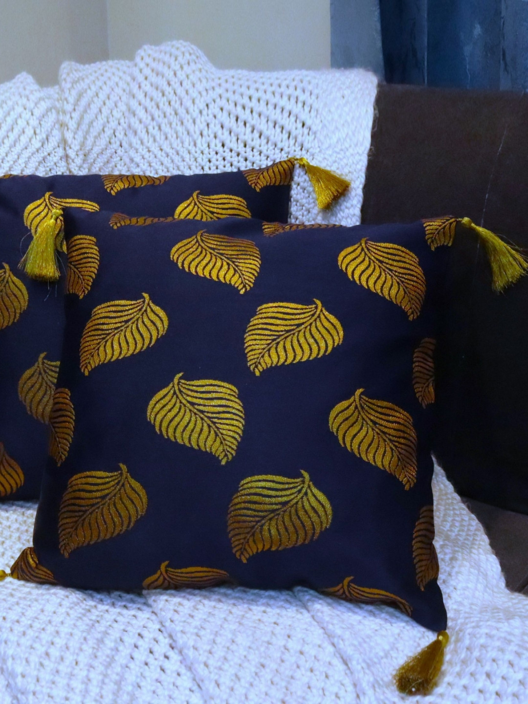 

HOME9INE Navy Blue Set of 2 Floral Square Cushion Covers