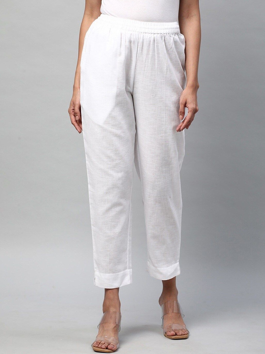 

IndianRang Women Relaxed Straight Leg Cotton Mid-Rise Trousers, White