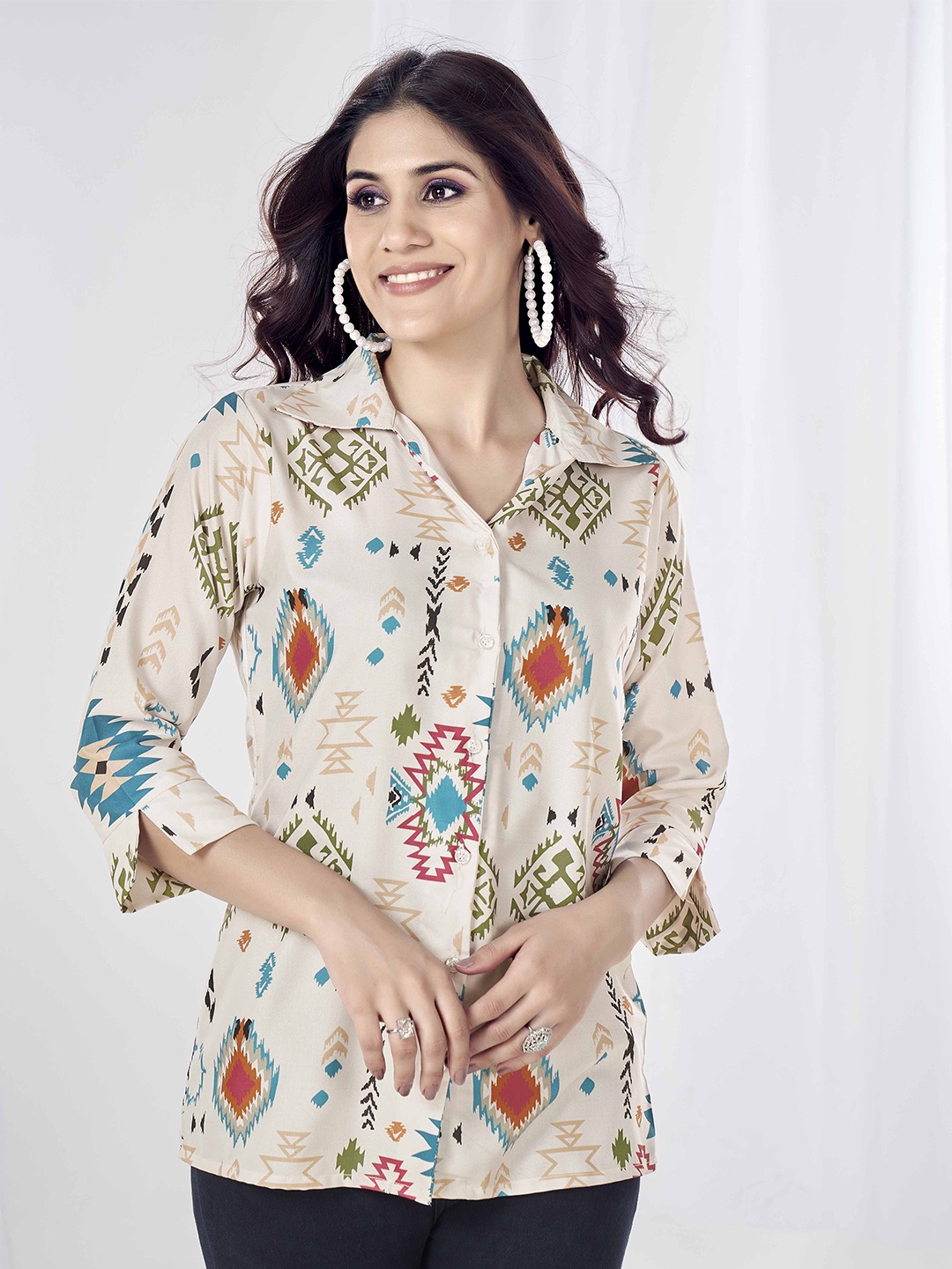 

SHOPGARB Women Relaxed Spread Collar Ethnic Motifs Printed Casual Shirt, Beige