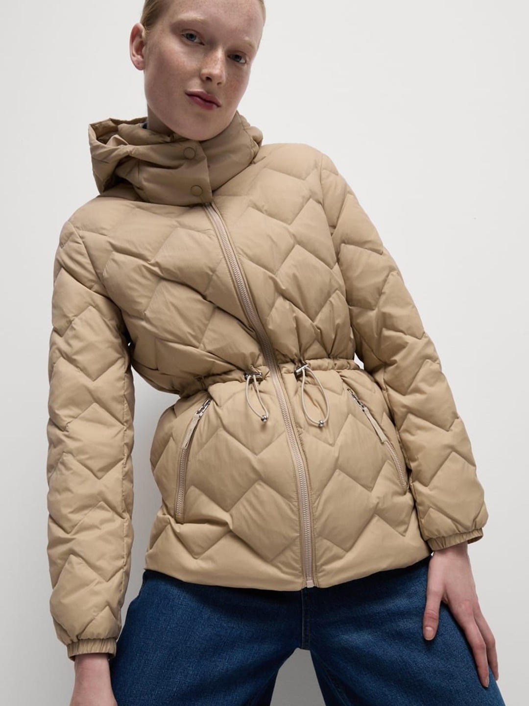 

Marks & Spencer Women Mock Collar Solid Casual Puffer Jacket, Beige