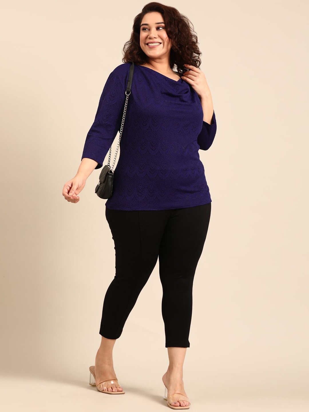 

The Pink Moon Cowl Neck Self Design Plus Size Top, Purple