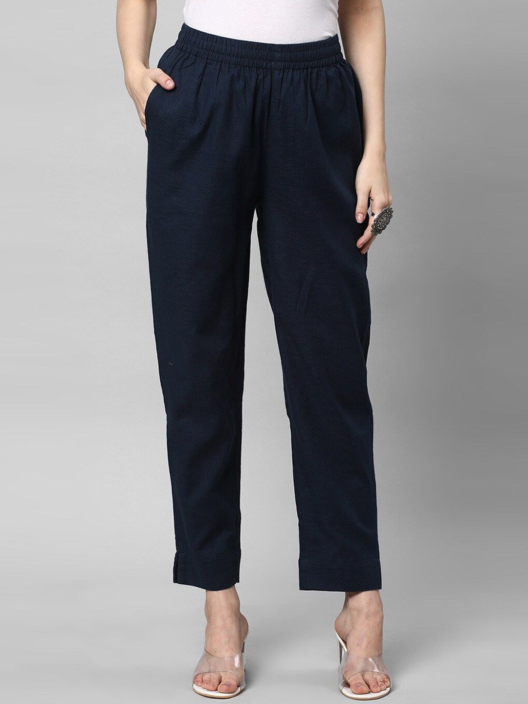 

IndianRang Women Solid Mid-Rise Relaxed Straight Leg Trousers, Navy blue