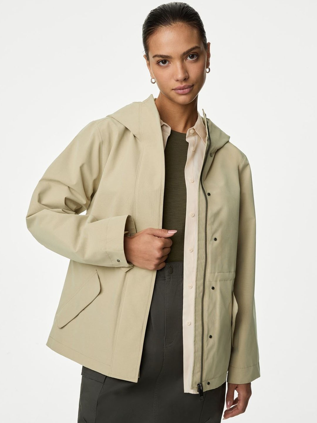 

Marks & Spencer Women Hooded Solid Casual Tailored Jacket, Cream