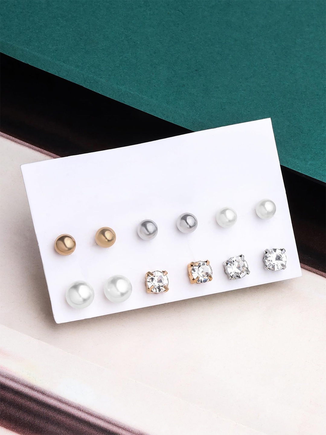 

Yellow Chimes Set of 6 Gold-Plated Stone Studded & Beaded Circular Shaped Studs, Silver