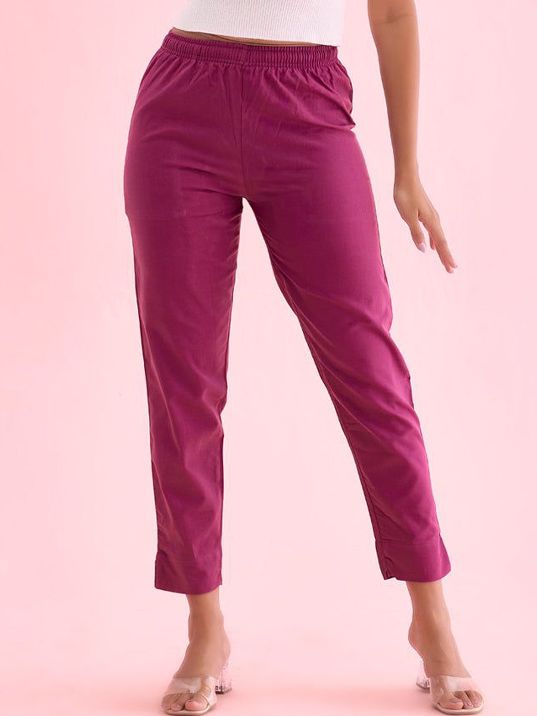 

IndianRang Women Cotton Mid-Rise Relaxed Straight Leg Trousers, Purple