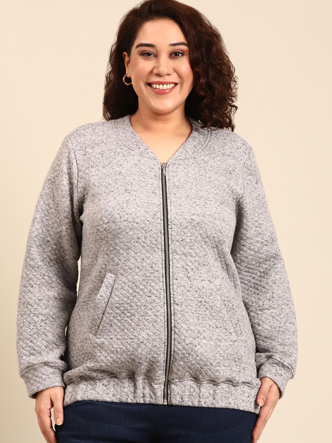 

The Pink Moon Women Stand Collar Self Design Cotton Casual Tailored Jacket, Grey