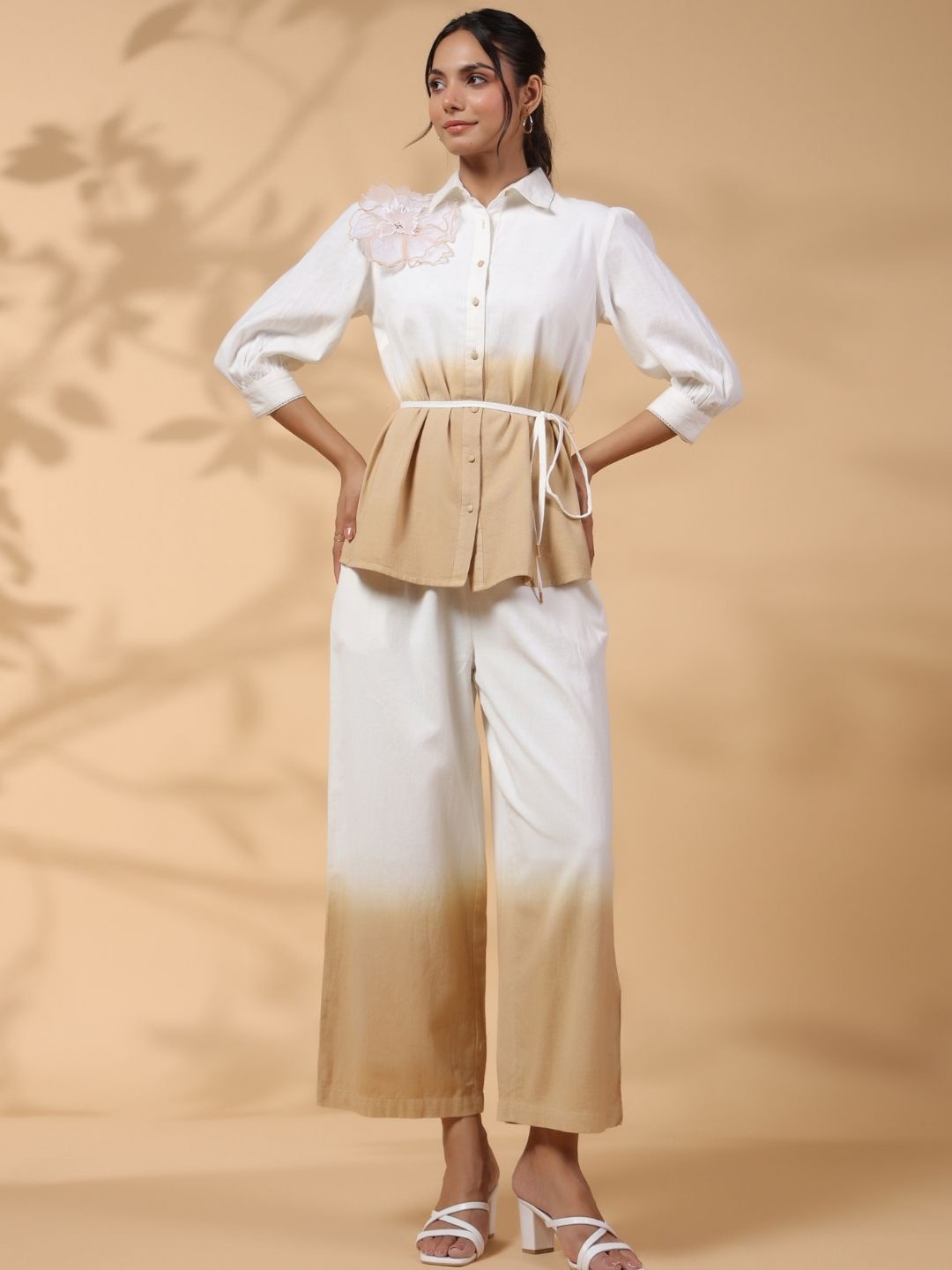 

Kaftanize Dyed Shirt Collar Three-Quarter Sleeves Shirt With Palazzo, White