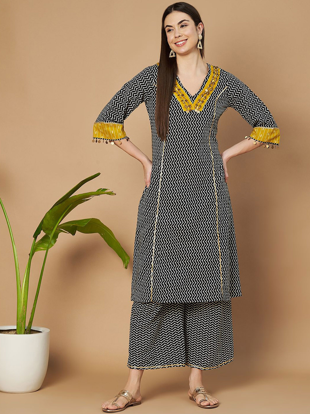 

KALINI Geometric Printed Beads and Stones Pure Cotton Straight Kurta with Palazzos, Black