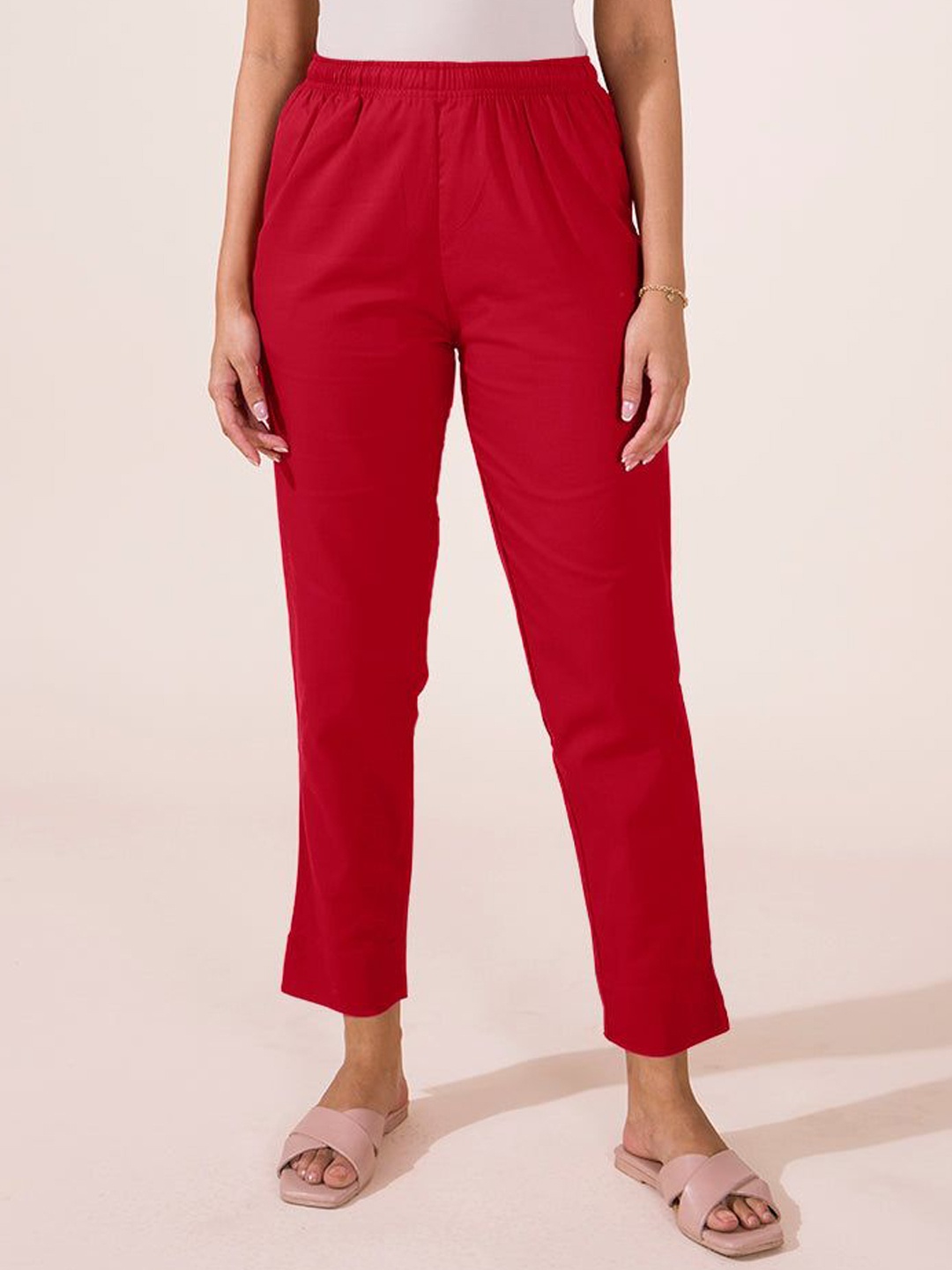 

IndianRang Women Cotton Relaxed Straight Leg Trousers, Red