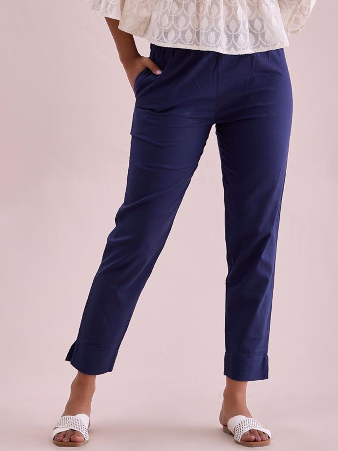 

IndianRang Women Cotton Relaxed Straight Leg Regular Fit Mid-Rise Slip-On Trousers, Navy blue