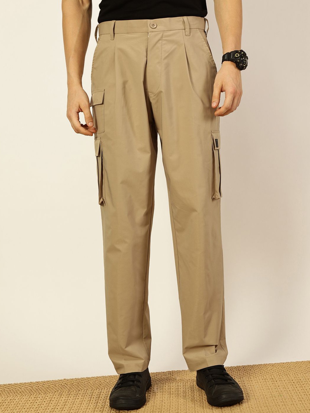 

Thomas Scott Men Smart Loose Fit Mid-Rise Easy Wash Pleated Cargos Trousers, Beige