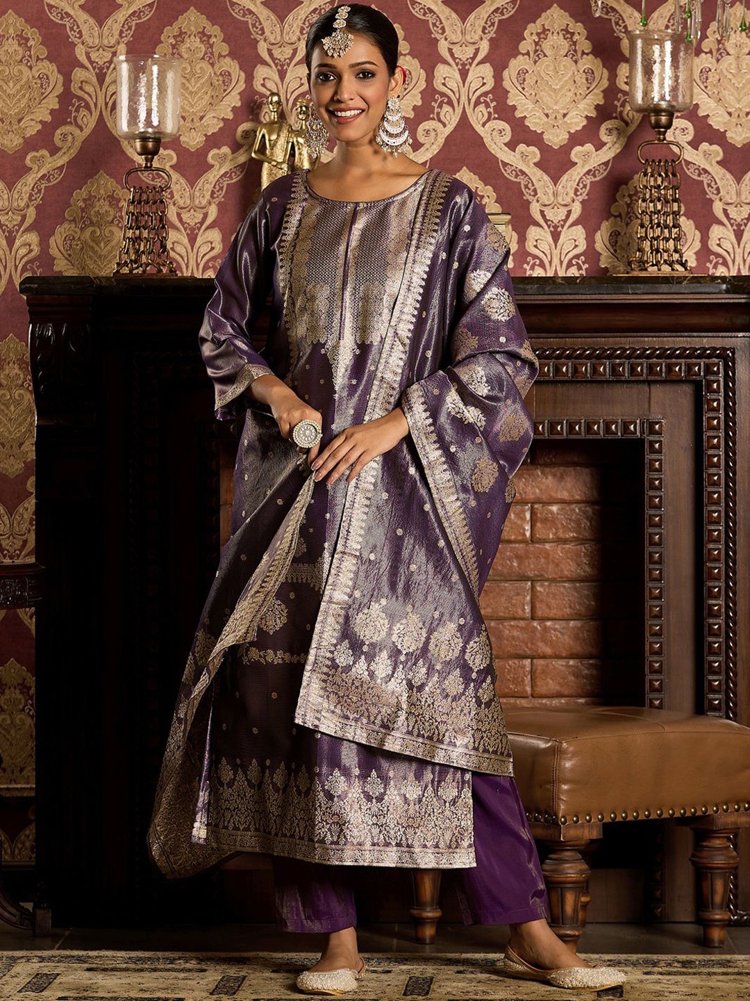 

Indo Era Ethnic Motifs Woven Design Zari Straight Kurta With Trousers & Dupatta, Purple