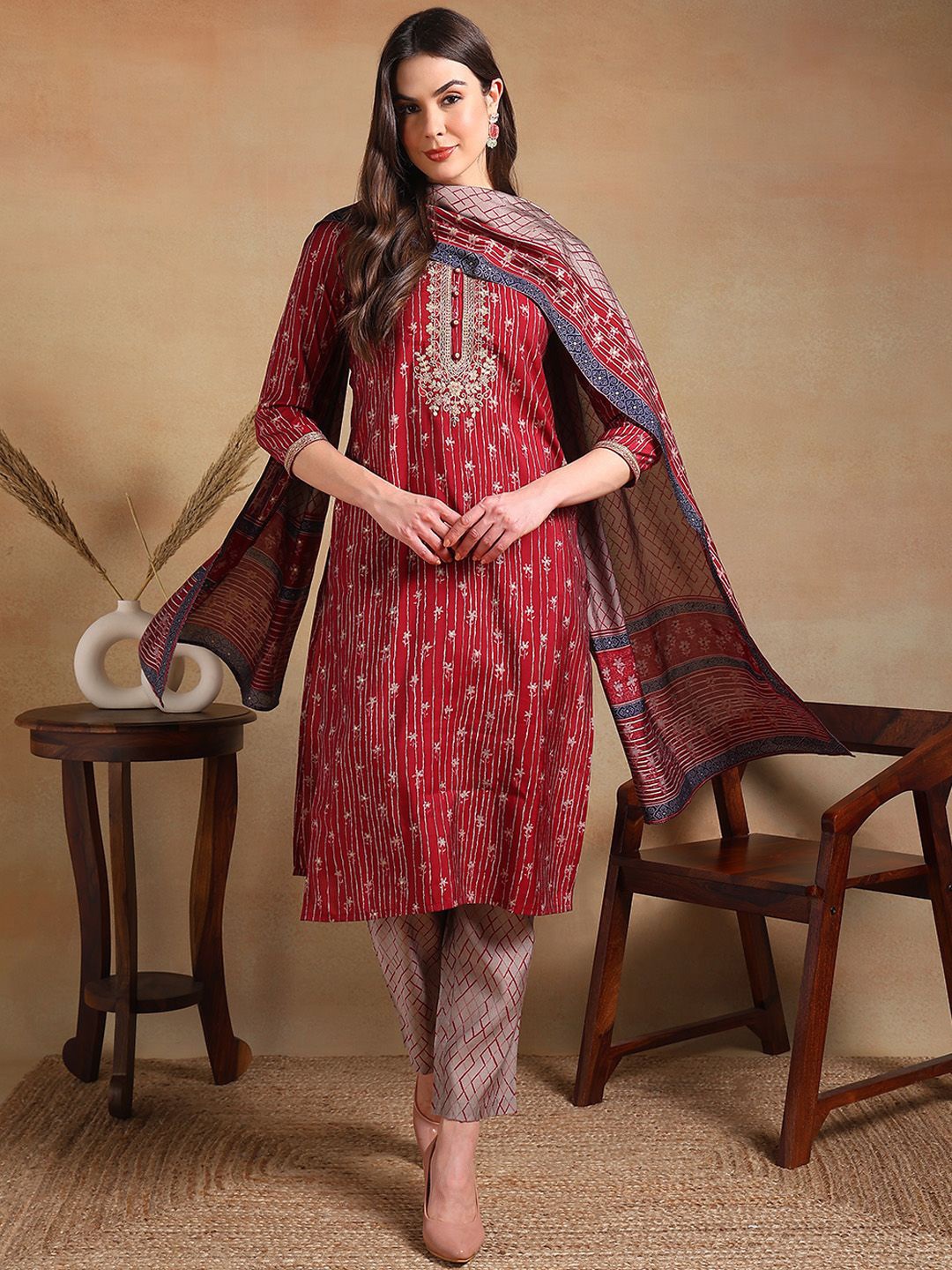 

KALINI Floral Embroidered Zari Straight Silk Blend Kurta With Trousers & Dupatta, Maroon