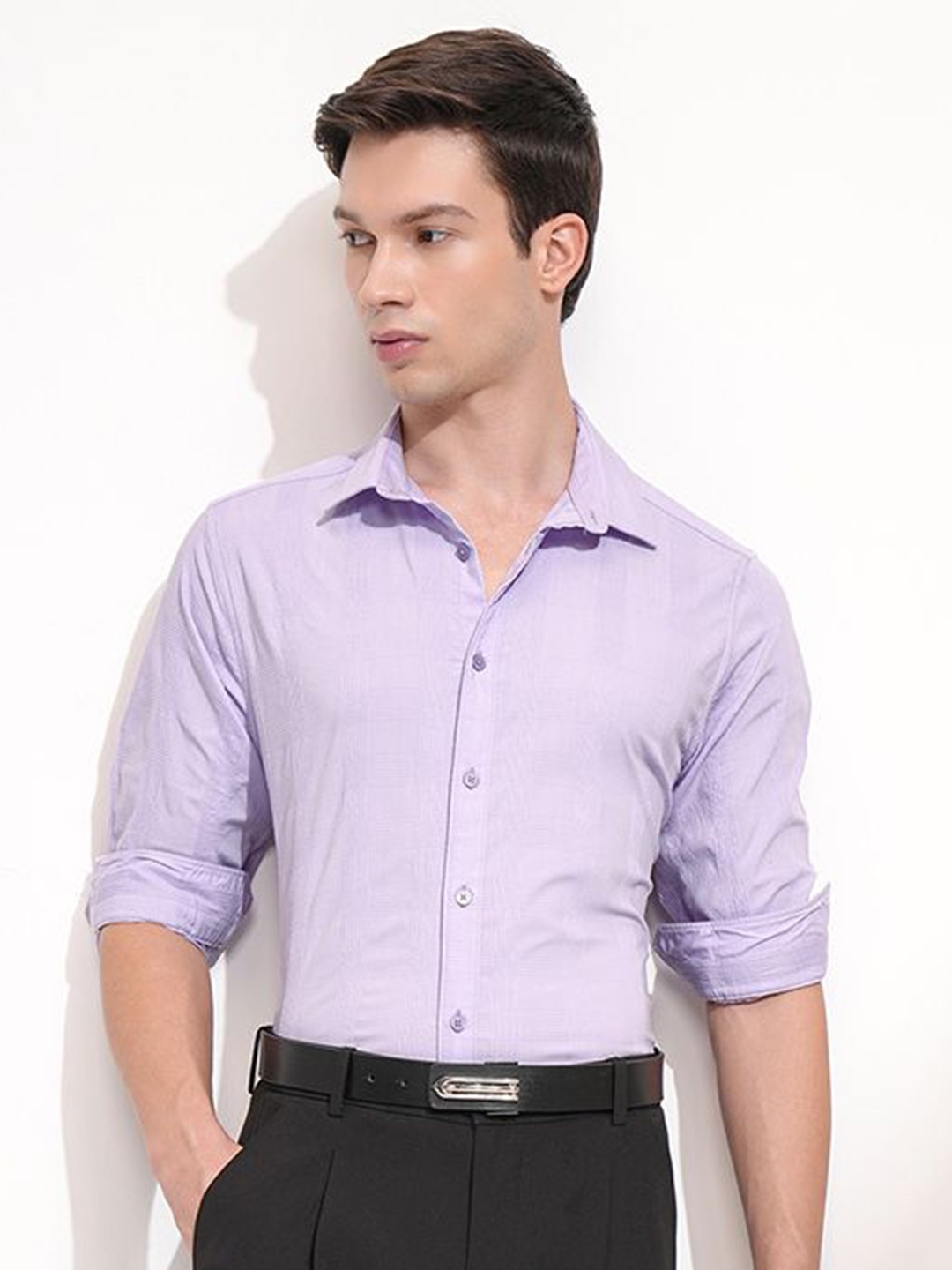 

Highlander Men Dobby Textured Solid Day Occasion Shirt, Lavender