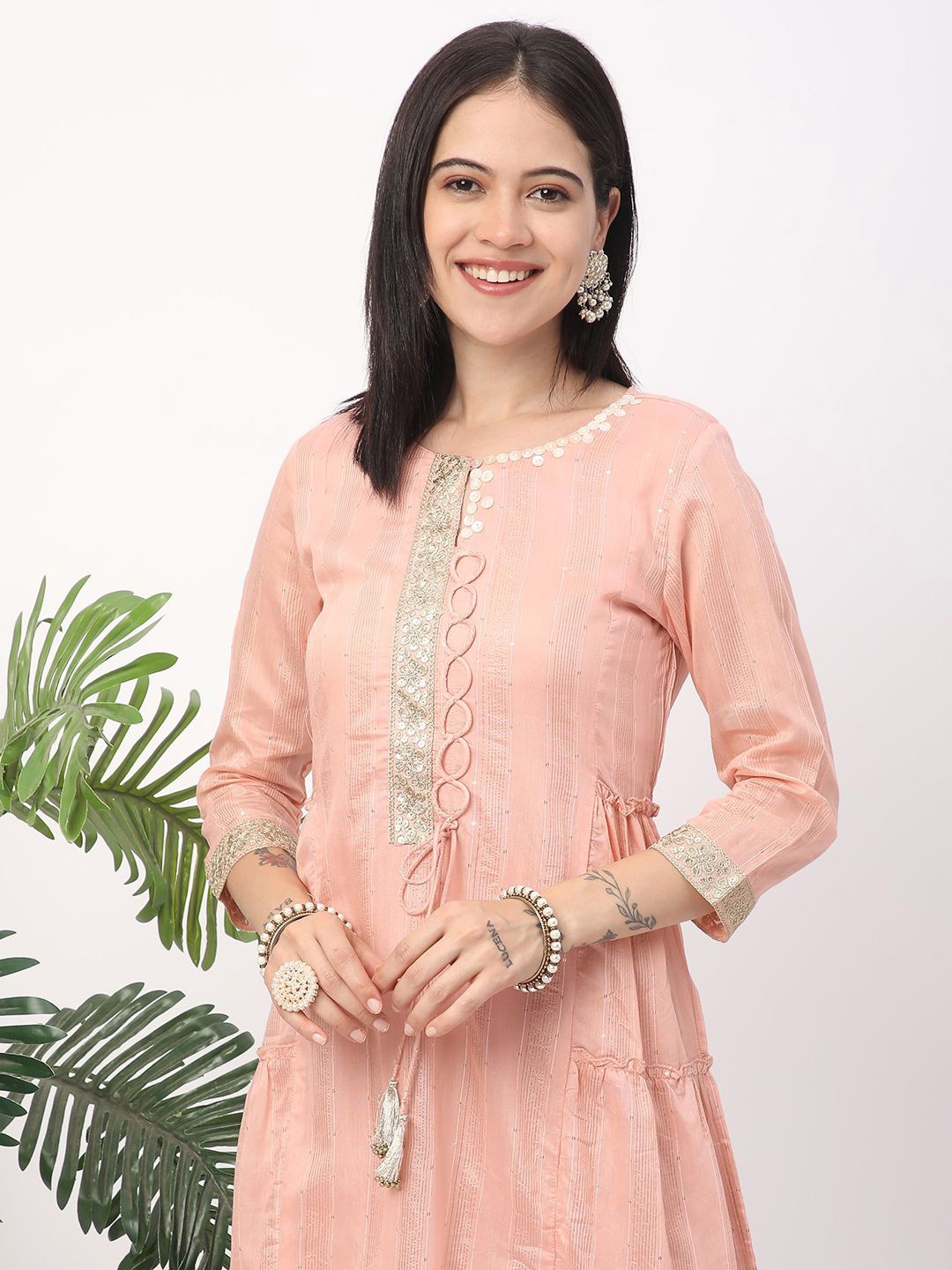 

R&B Women Round Neck Three-Quarter Sleeves A-Line Dress, Pink