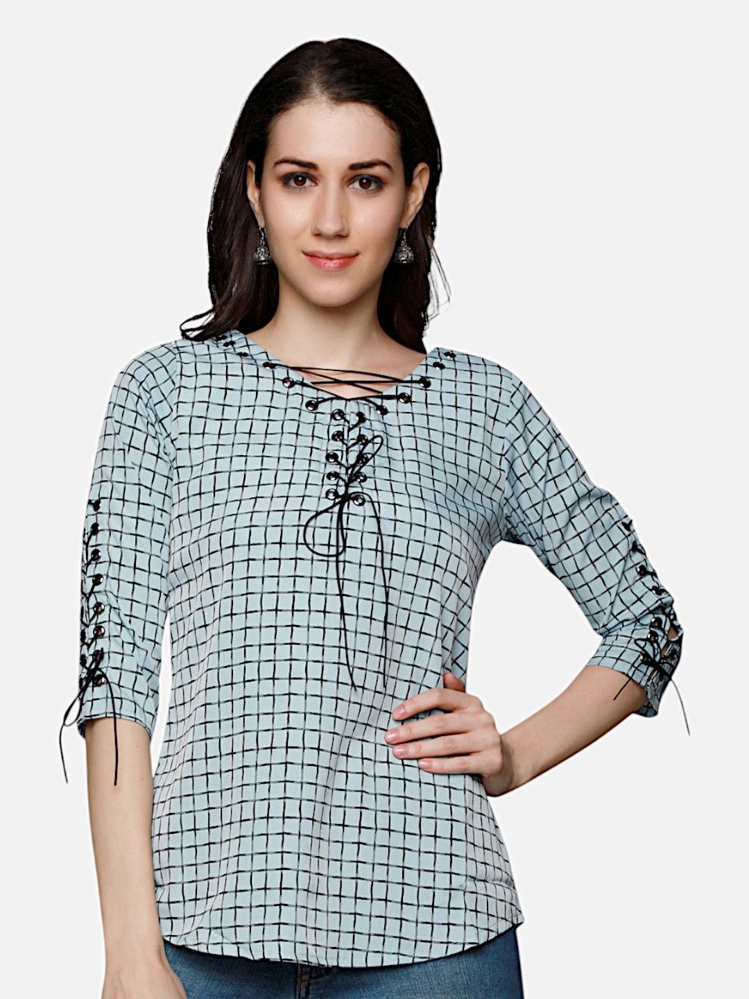 

Biyu Women Checked Tie-Up Neck Regular Top, Blue
