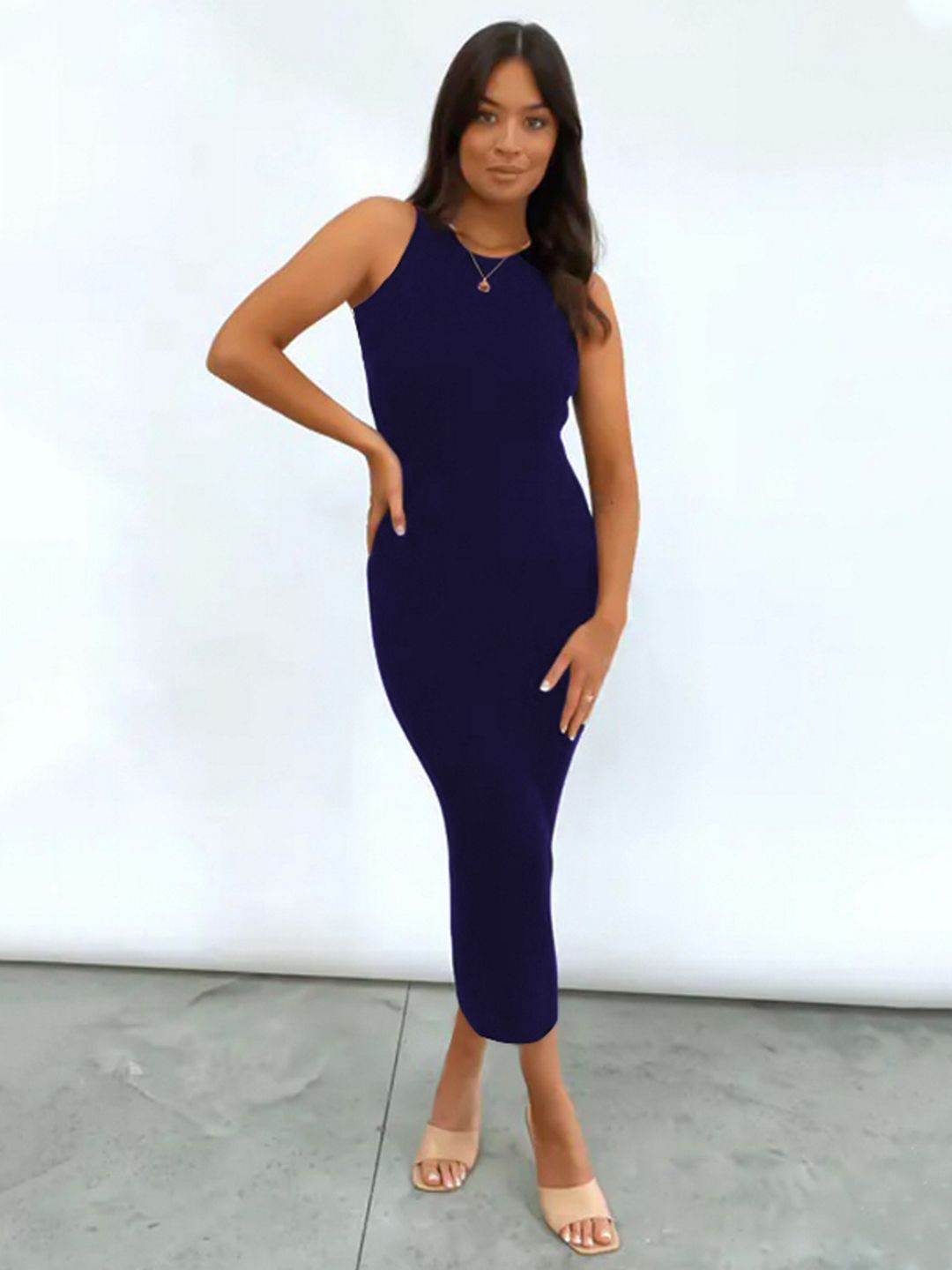 

BAESD Women Round Neck Bodycon Midi Dress, Blue