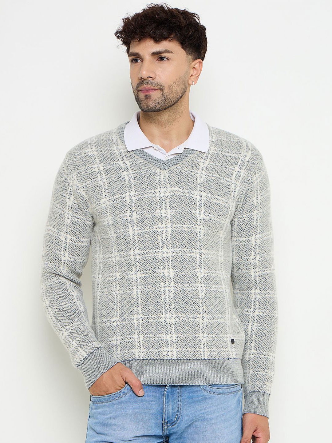 

Duke Men Self Design Checked Long Sleeves Pullover Sweater, Beige