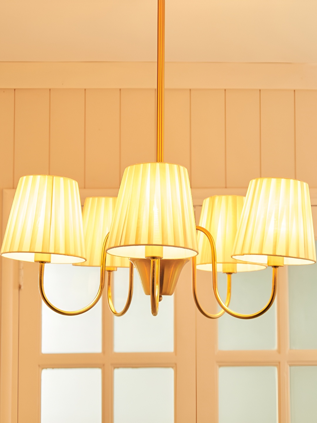 

Home Centre Melody Shellacs Gold-Toned Bell Shaped Metal Chandelier Ceiling Lamp
