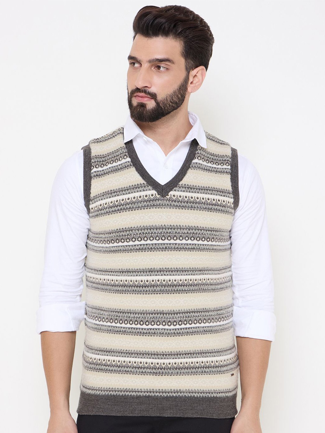 

Duke Men Acrylic Striped Sleeveless V Neck Pullover Sweaters, Beige