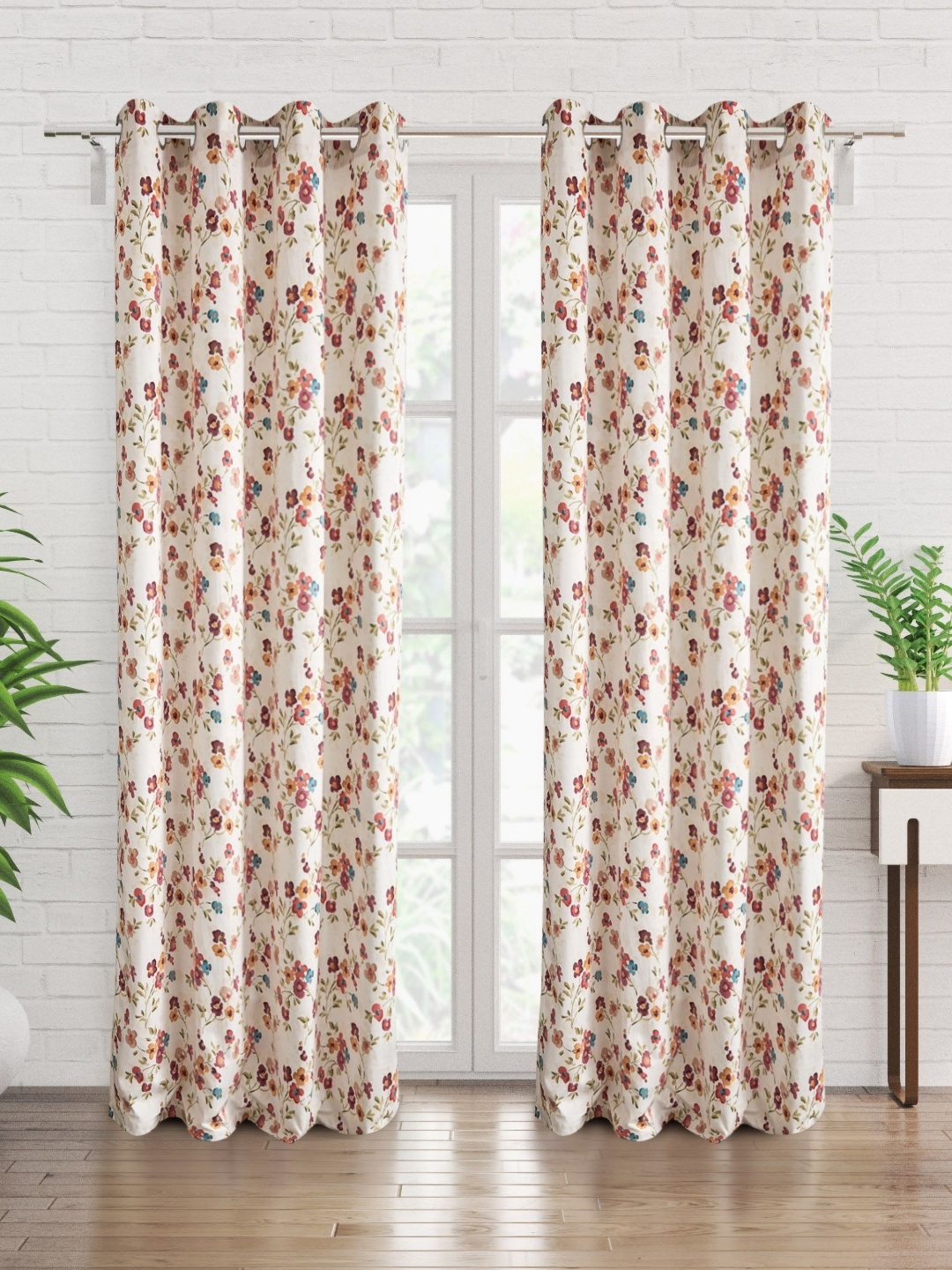 

Home Centre Lavish Cream-Coloured & Green 2 Pieces Floral Printed Velvet Door Curtains