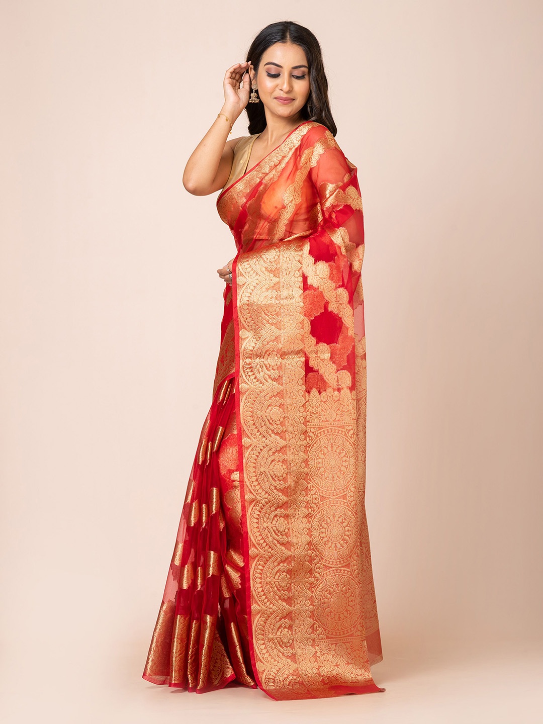

KAVVYA Woven Design Organza Banarasi Saree, Red