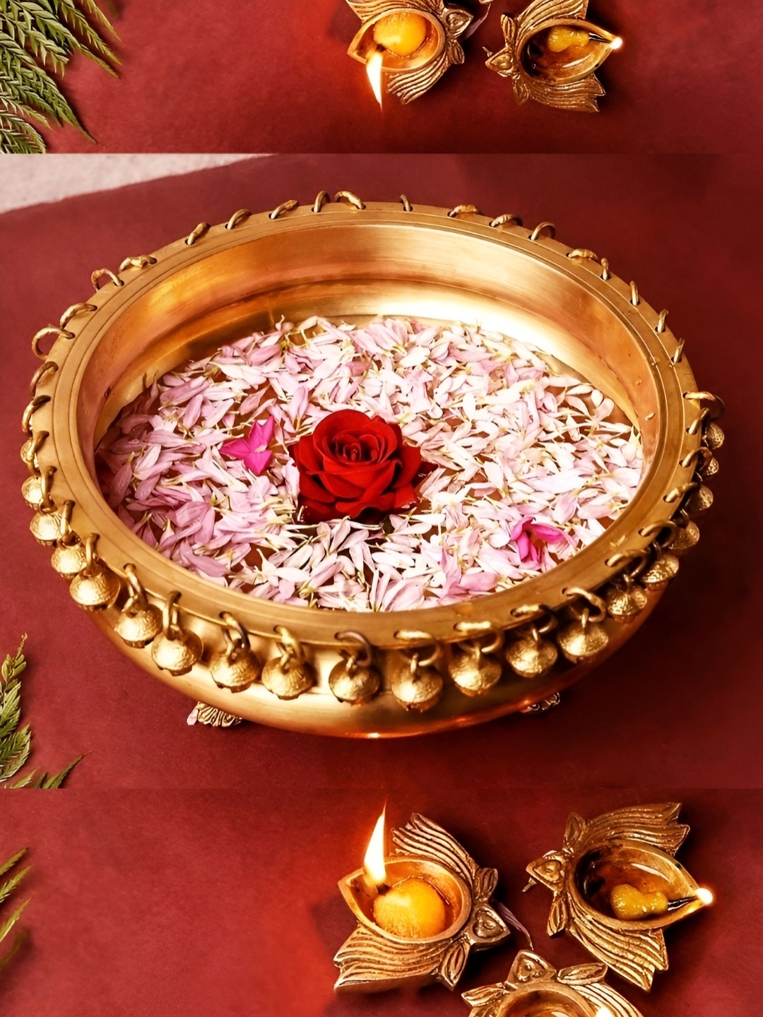 

The Advitya Gold Toned Brass Urli With Ghungroo Decorative Bowl