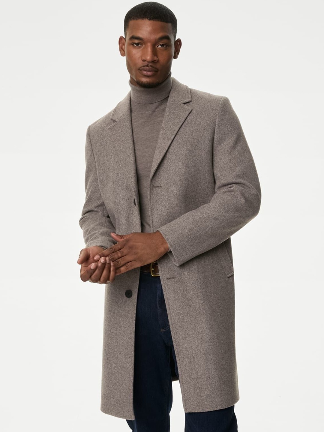 

Marks & Spencer Men Revere Long Sleeve Single-Breasted Notched Lapel Overcoat, Grey