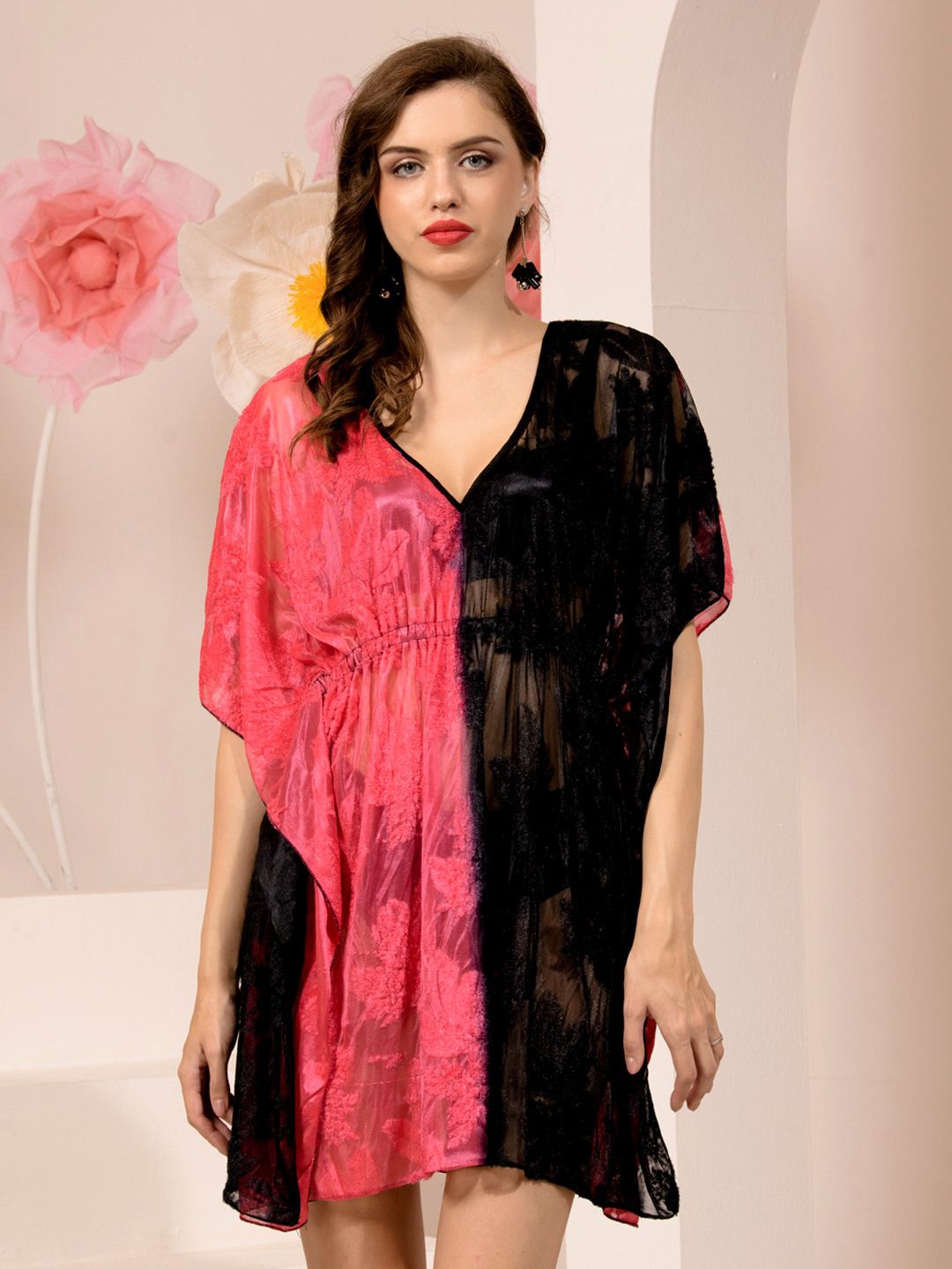 

BAESD Women Colourblocked V-Neck Kaftan Dress, Pink