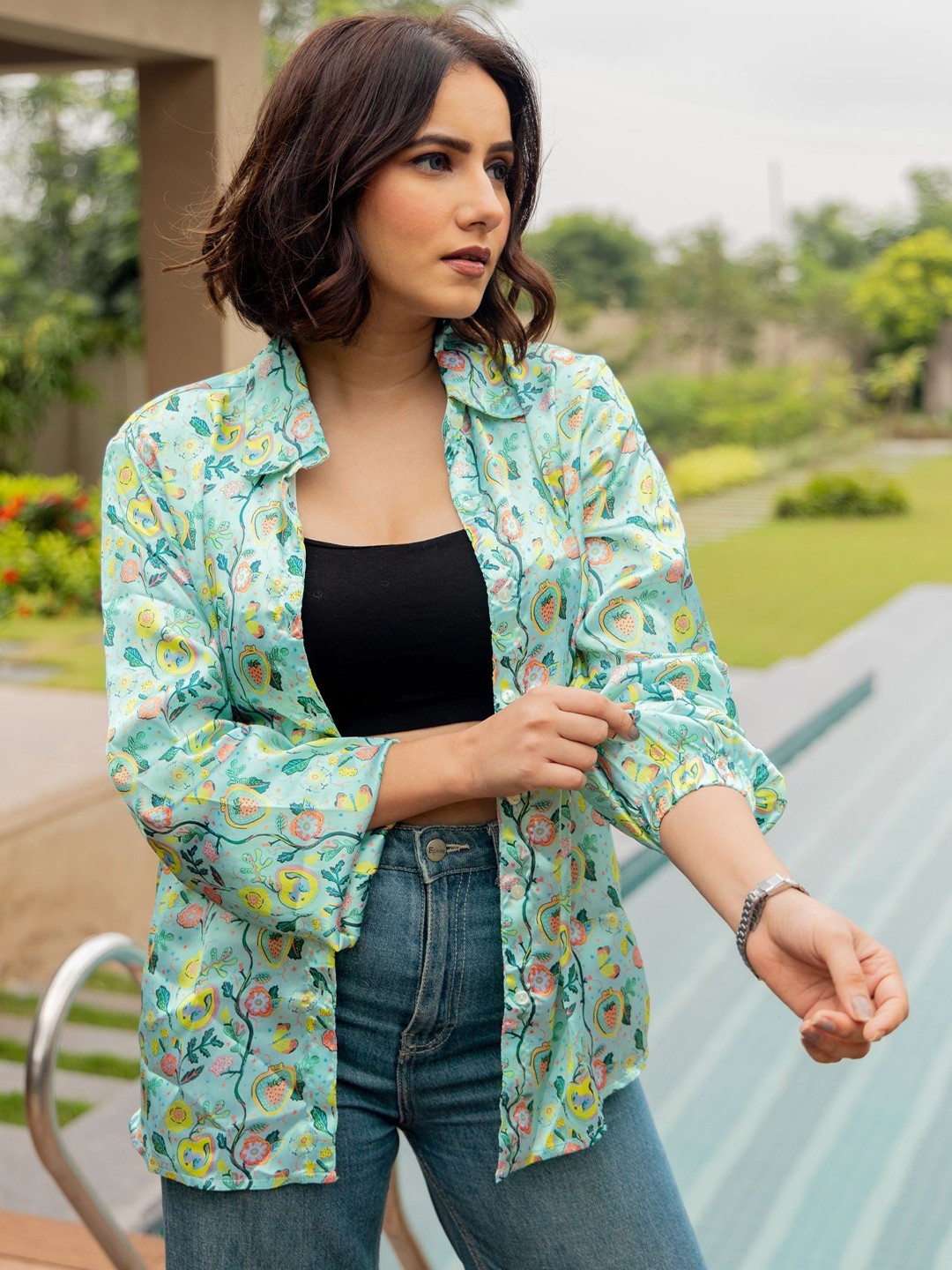 

KALINI Women Spread Collar Floral Printed Satin Casual Shirt, Green
