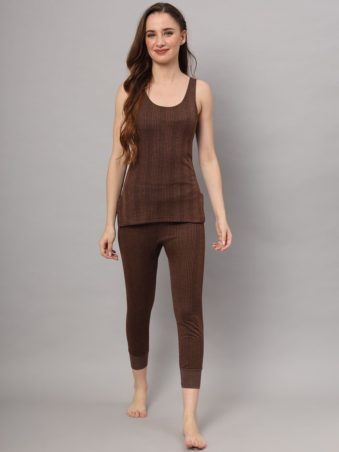 

FUNAHME Women Striped Thermal Set, Brown