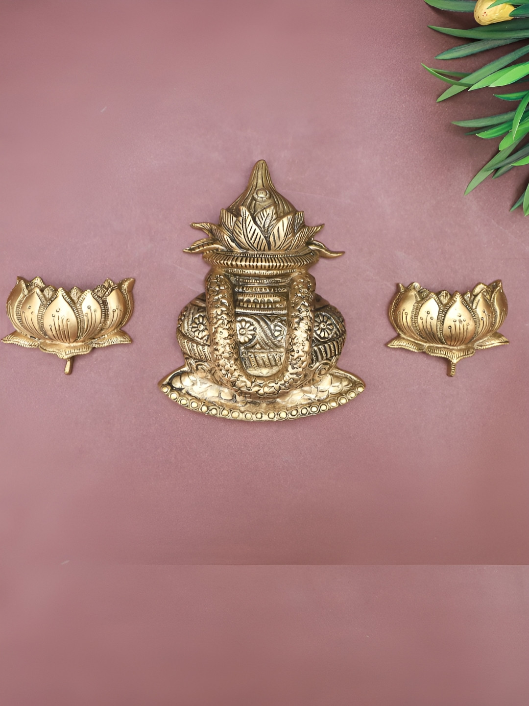 

The Advitya Gold-Toned Brass Kalash With Two Lotus Wall Hangings