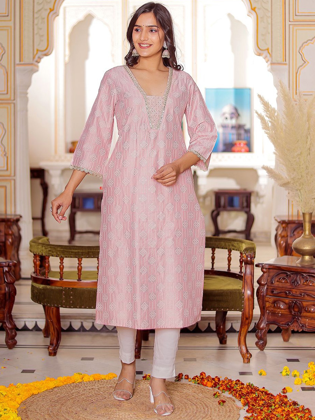 

Chandbaali Ethnic Motifs Printed V-Neck Three-Quarter Sleeves Regular Sequinned Kurta, Peach